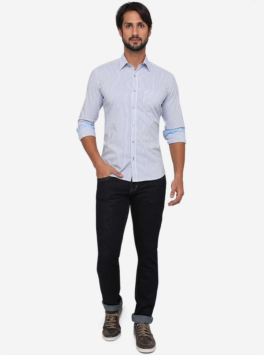 Light Blue Striped Slim Fit Semi Casual Shirt | Greenfibre