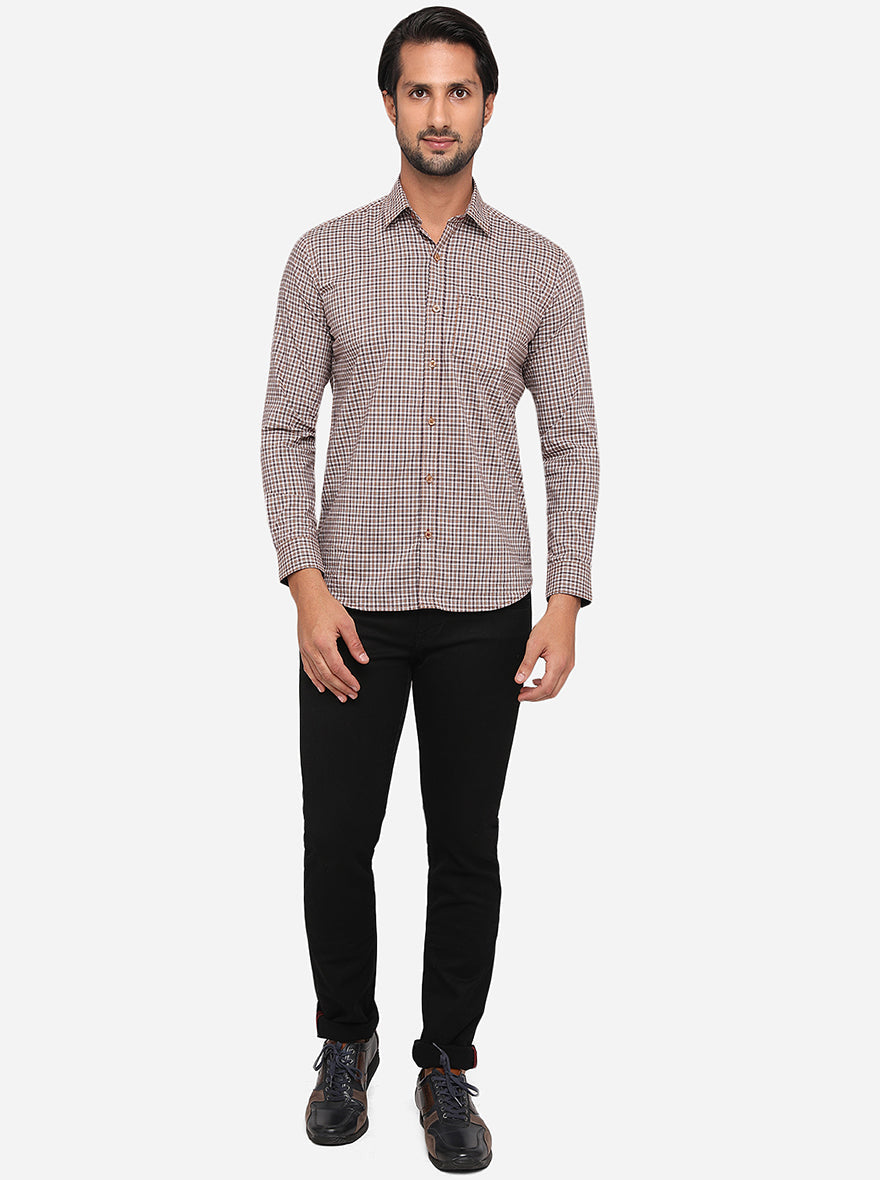 Pecan Brown Checked Slim Fit Semi Casual Shirt | Greenfibre