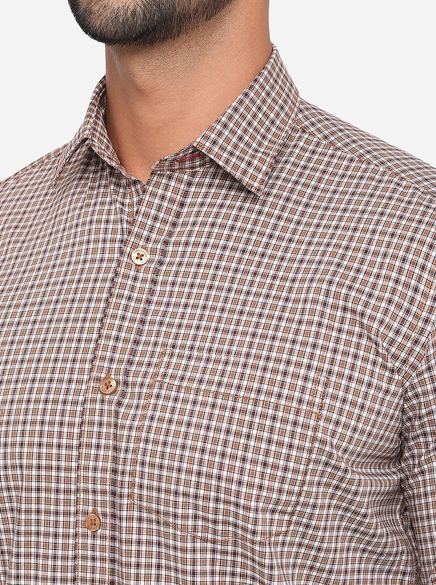 Pecan Brown Checked Slim Fit Semi Casual Shirt | Greenfibre