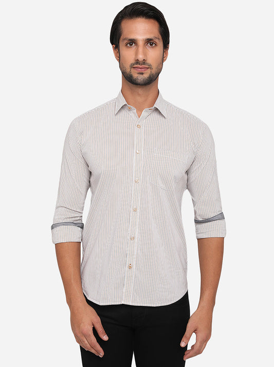 White & Brown Striped Slim Fit Semi Casual Shirt | Greenfibre