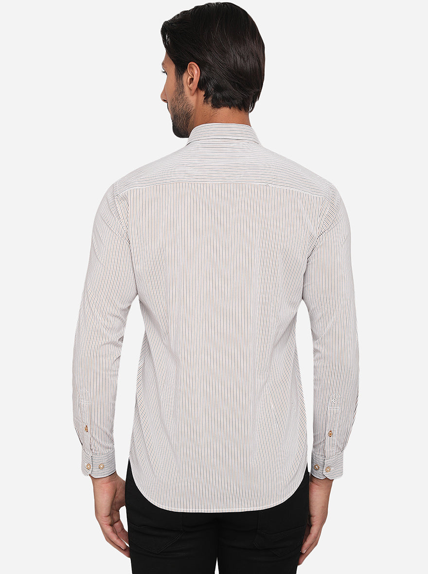 White & Brown Striped Slim Fit Semi Casual Shirt | Greenfibre