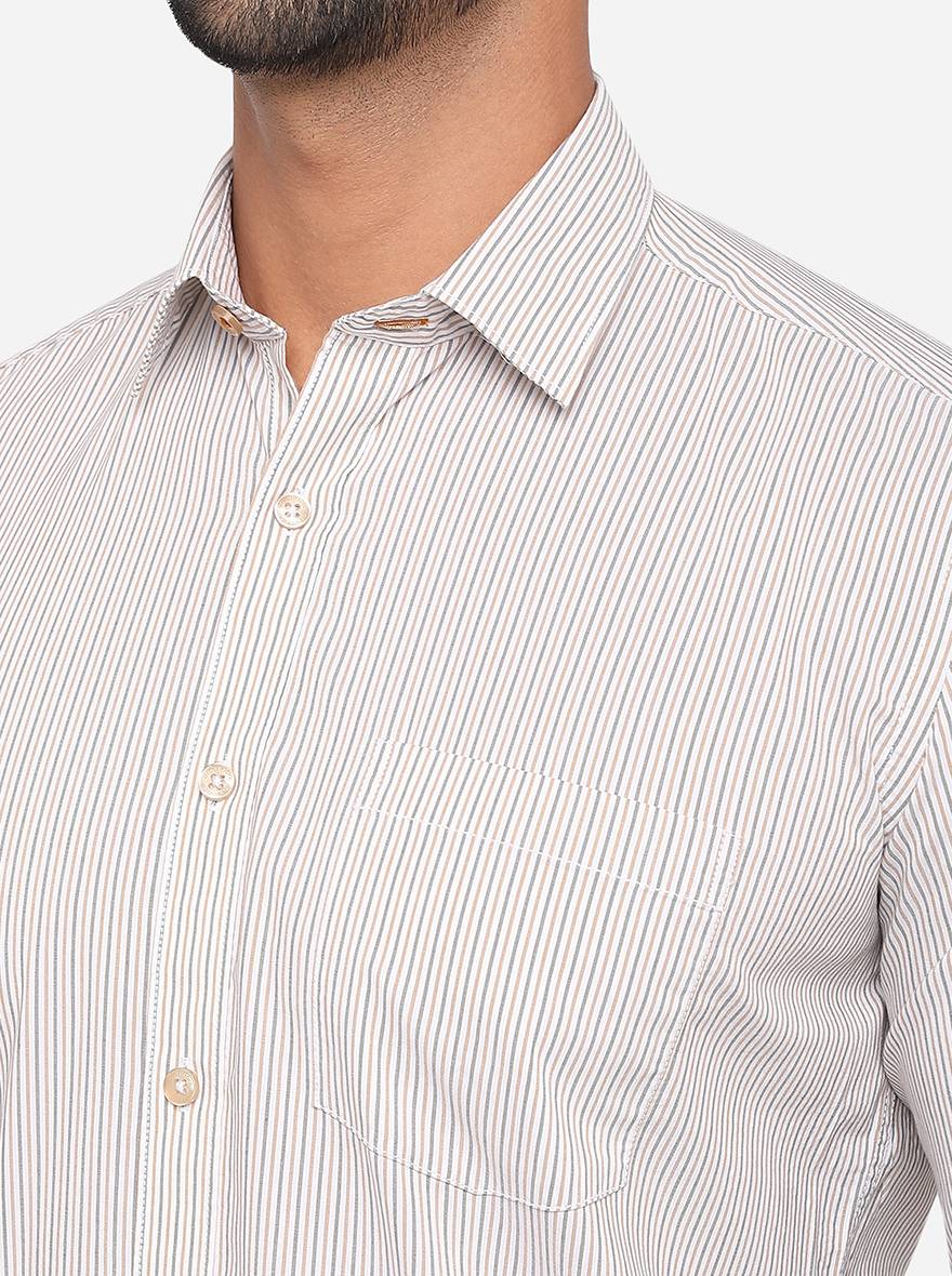 White & Brown Striped Slim Fit Semi Casual Shirt | Greenfibre