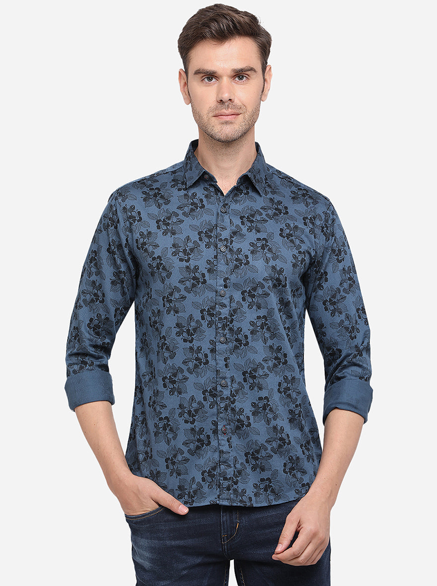 Legion Blue Printed Slim Fit Casual Shirt | Greenfibre