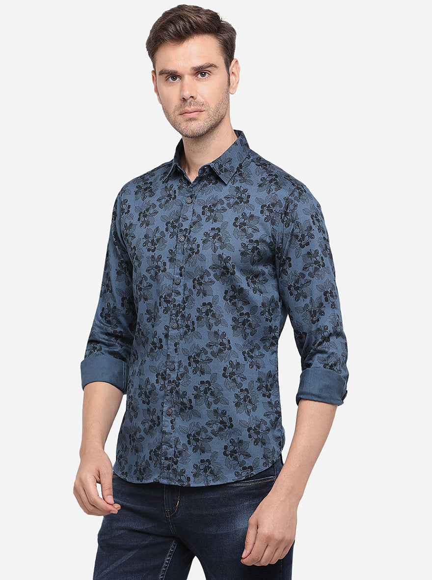 Legion Blue Printed Slim Fit Casual Shirt | Greenfibre