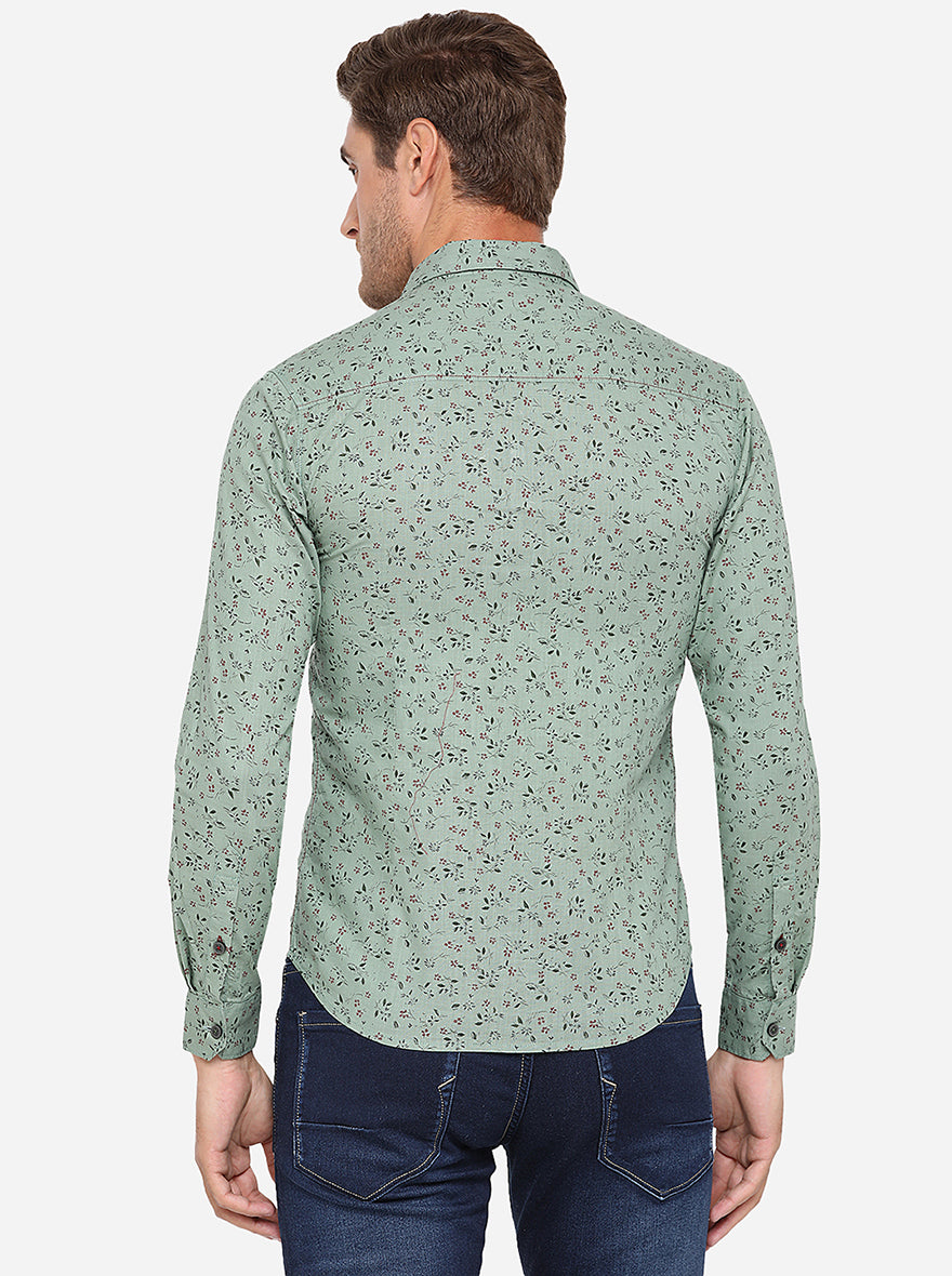 Dusty Green Printed Slim Fit Casual Shirt | Greenfibre