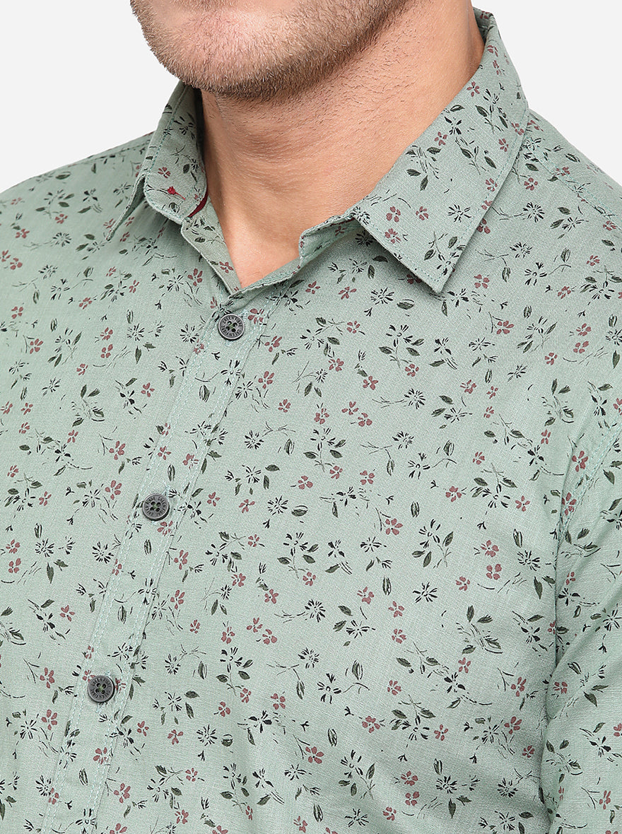 Dusty Green Printed Slim Fit Casual Shirt | Greenfibre