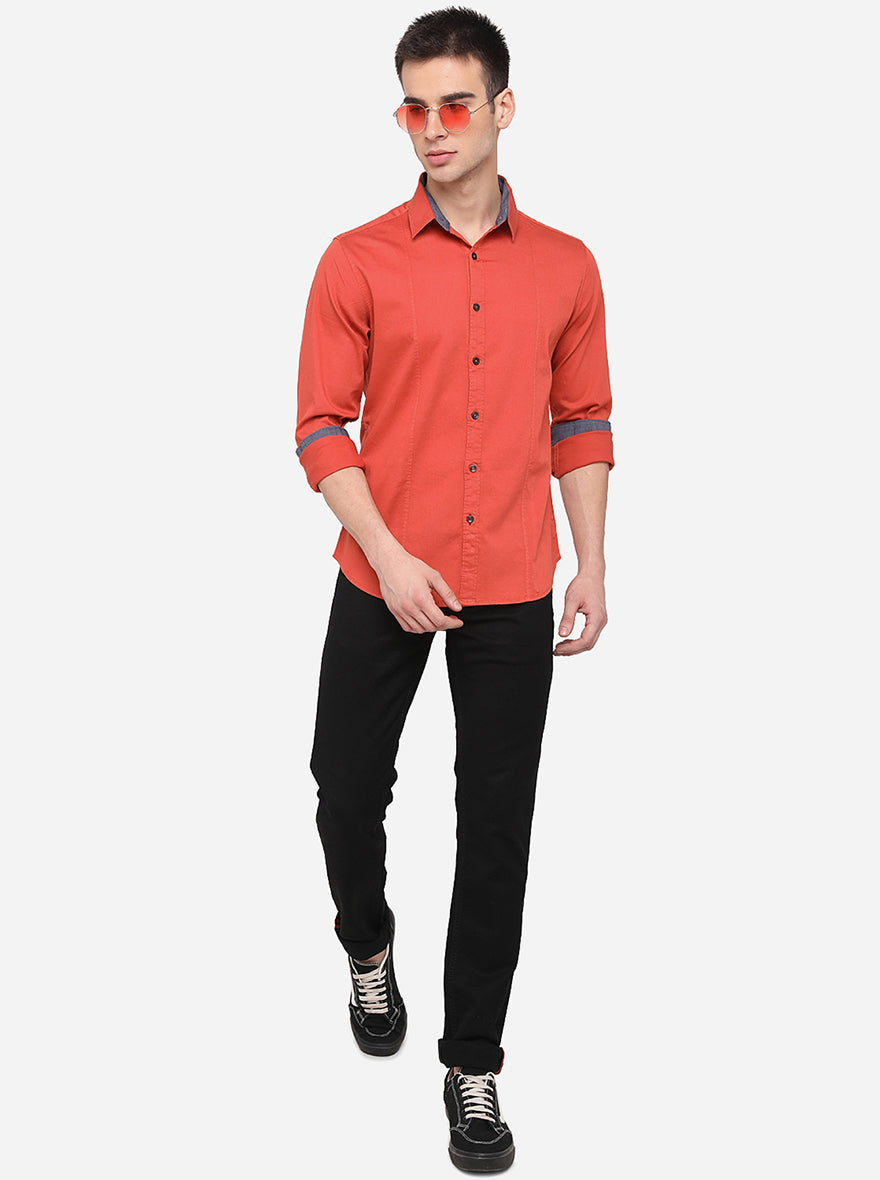 Spicy Orange Solid Slim Fit Casual Shirt | Greenfibre