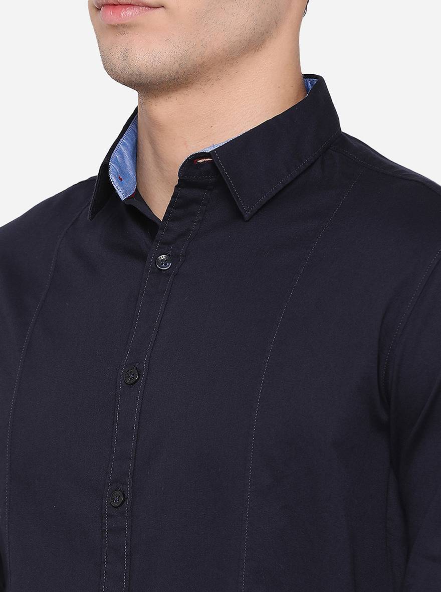 Dark Blue Solid Slim Fit Semi Casual Shirt | Greenfibre