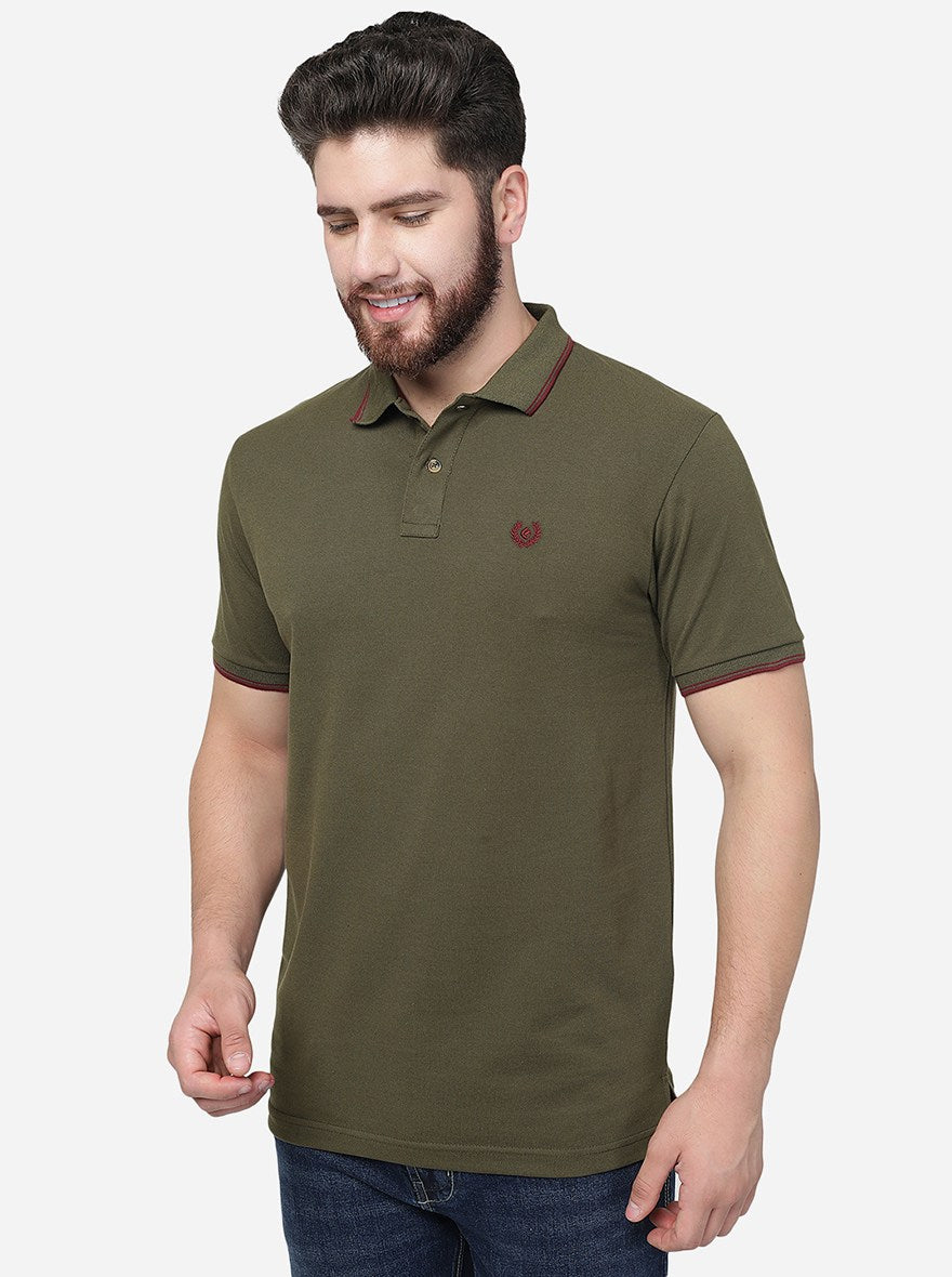 Olive Green Solid Slim Fit Polo T-Shirt | Greenfibre