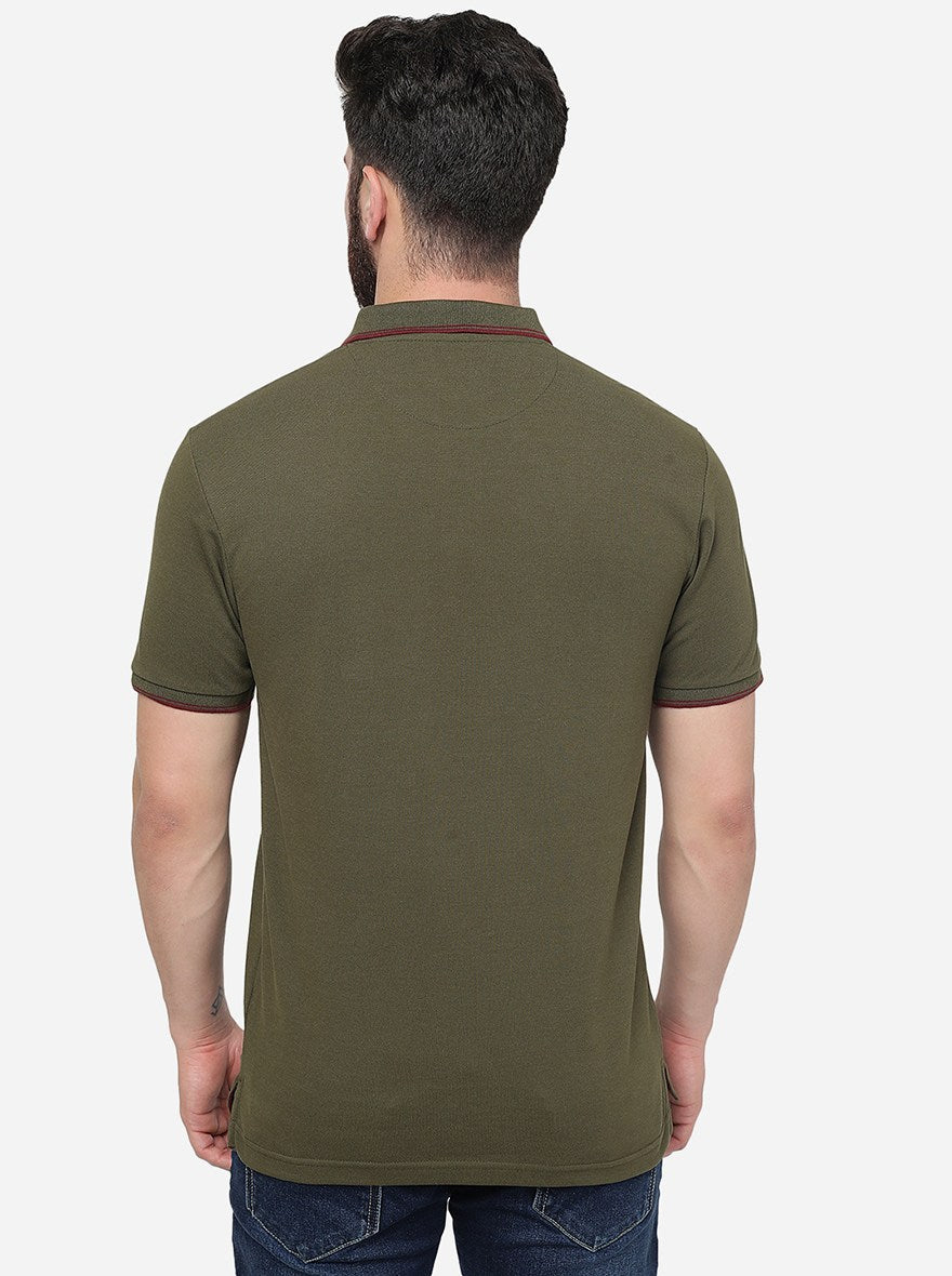 Olive Green Solid Slim Fit Polo T-Shirt | Greenfibre