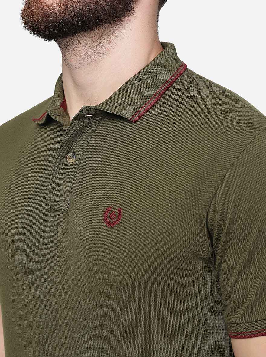 Olive Green Solid Slim Fit Polo T-Shirt | Greenfibre