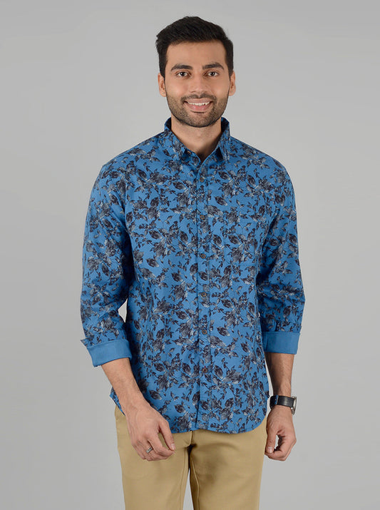 Yale Blue Printed Slim Fit Casual Shirt | Greenfibre