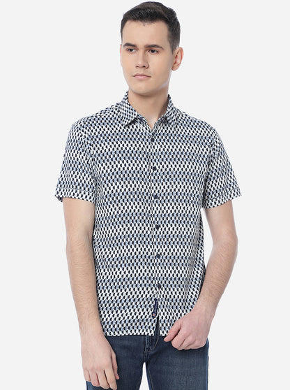 Blue & White Printed Slim Fit Semi Casual Shirt | Greenfibre