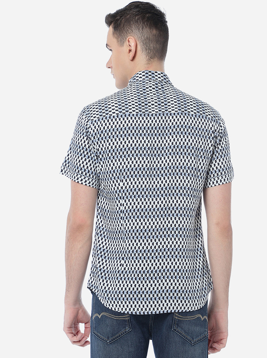 Blue & White Printed Slim Fit Semi Casual Shirt | Greenfibre