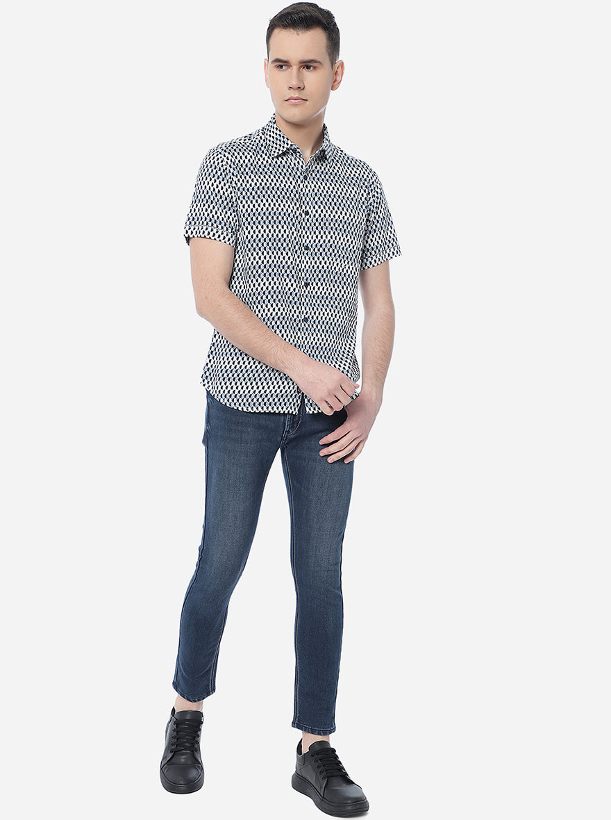 Blue & White Printed Slim Fit Semi Casual Shirt | Greenfibre