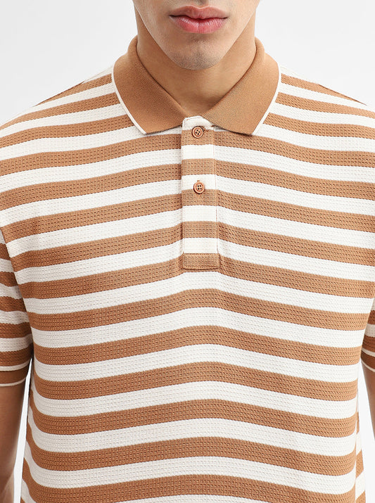 Mustard & White Striped Slim Fit Polo T-Shirt | Greenfibre