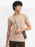 Mustard & White Striped Slim Fit Polo T-Shirt | Greenfibre