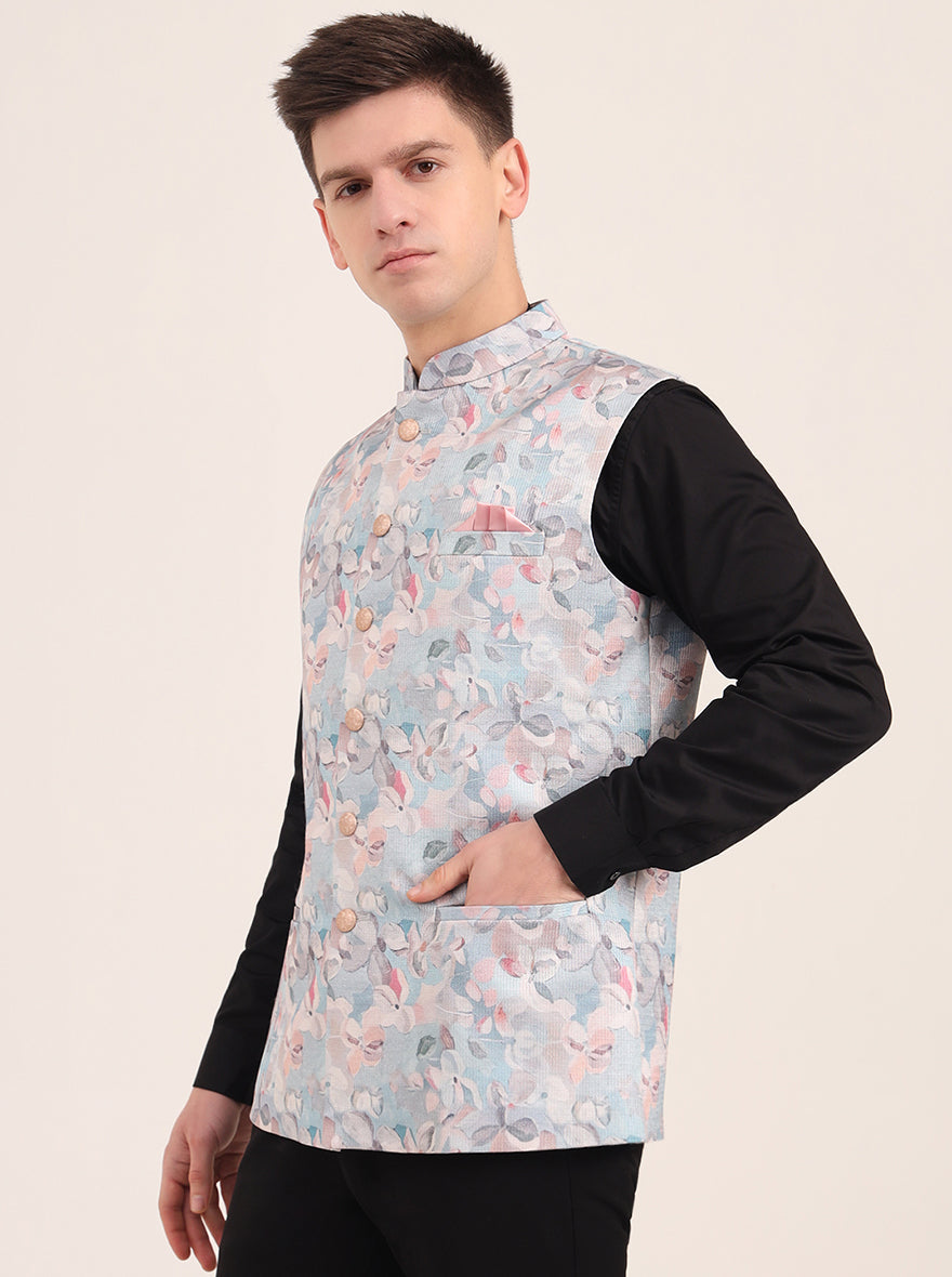 Sky Blue Printed Regular Fit Bandhgala Jacket | JB Studio