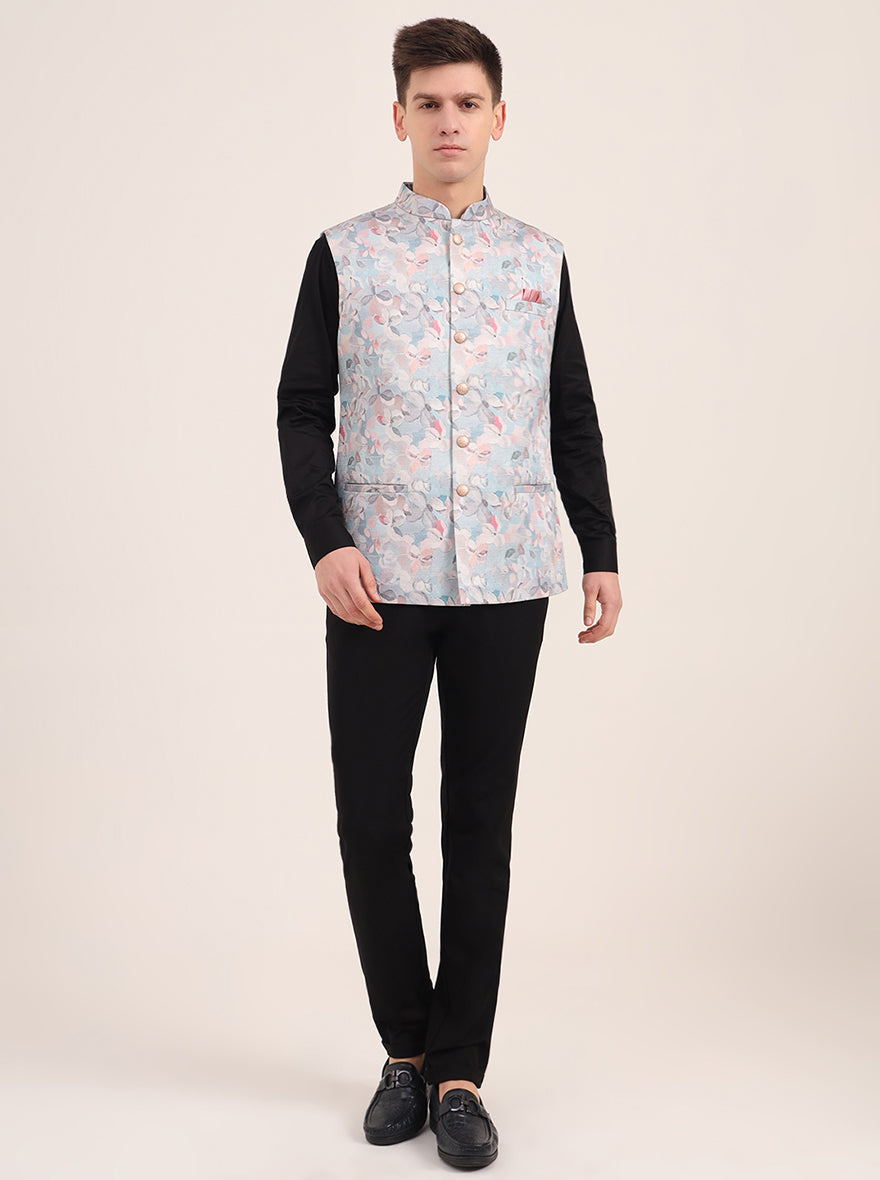 Sky Blue Printed Regular Fit Bandhgala Jacket | JB Studio