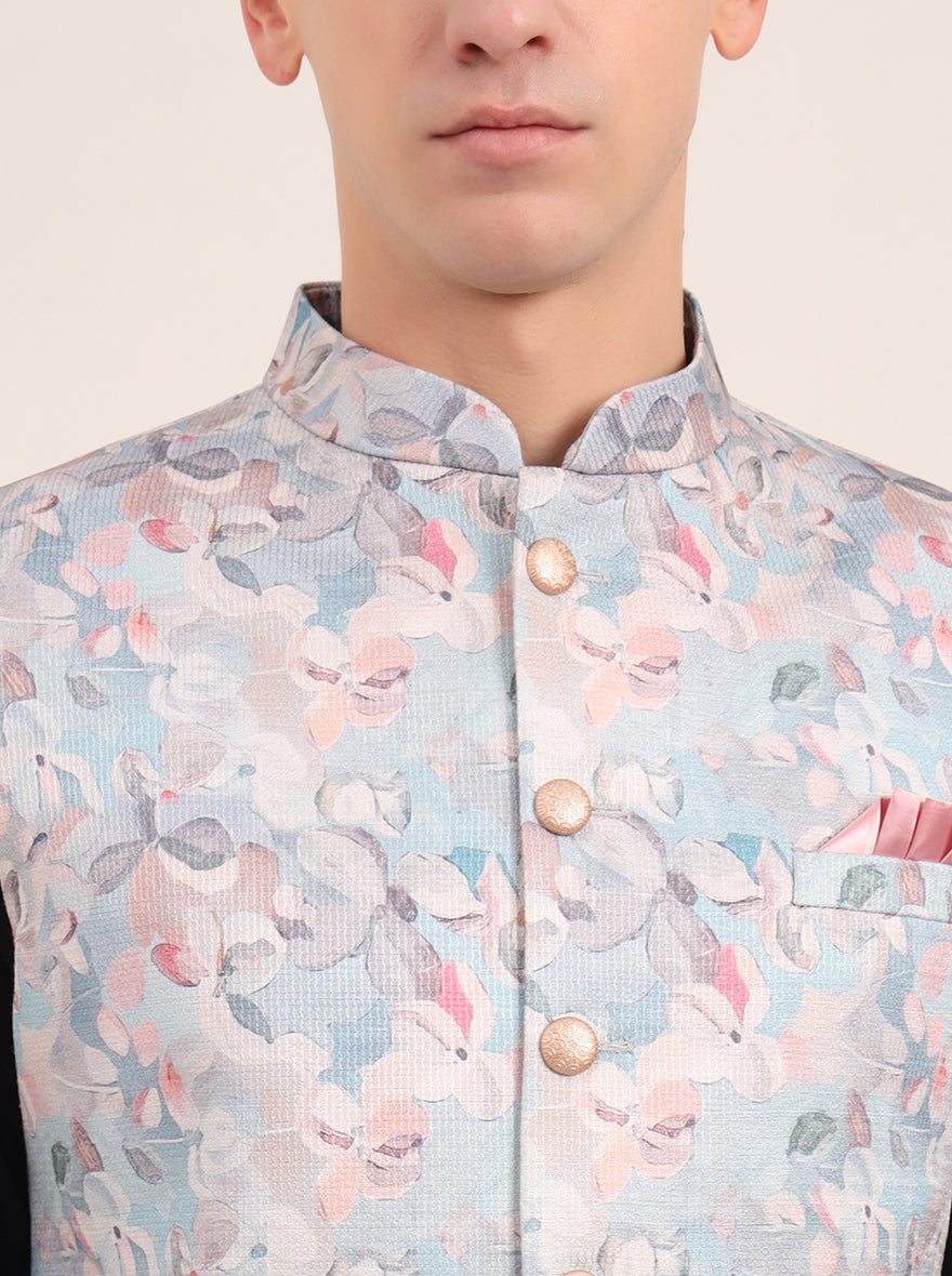 Sky Blue Printed Regular Fit Bandhgala Jacket | JB Studio