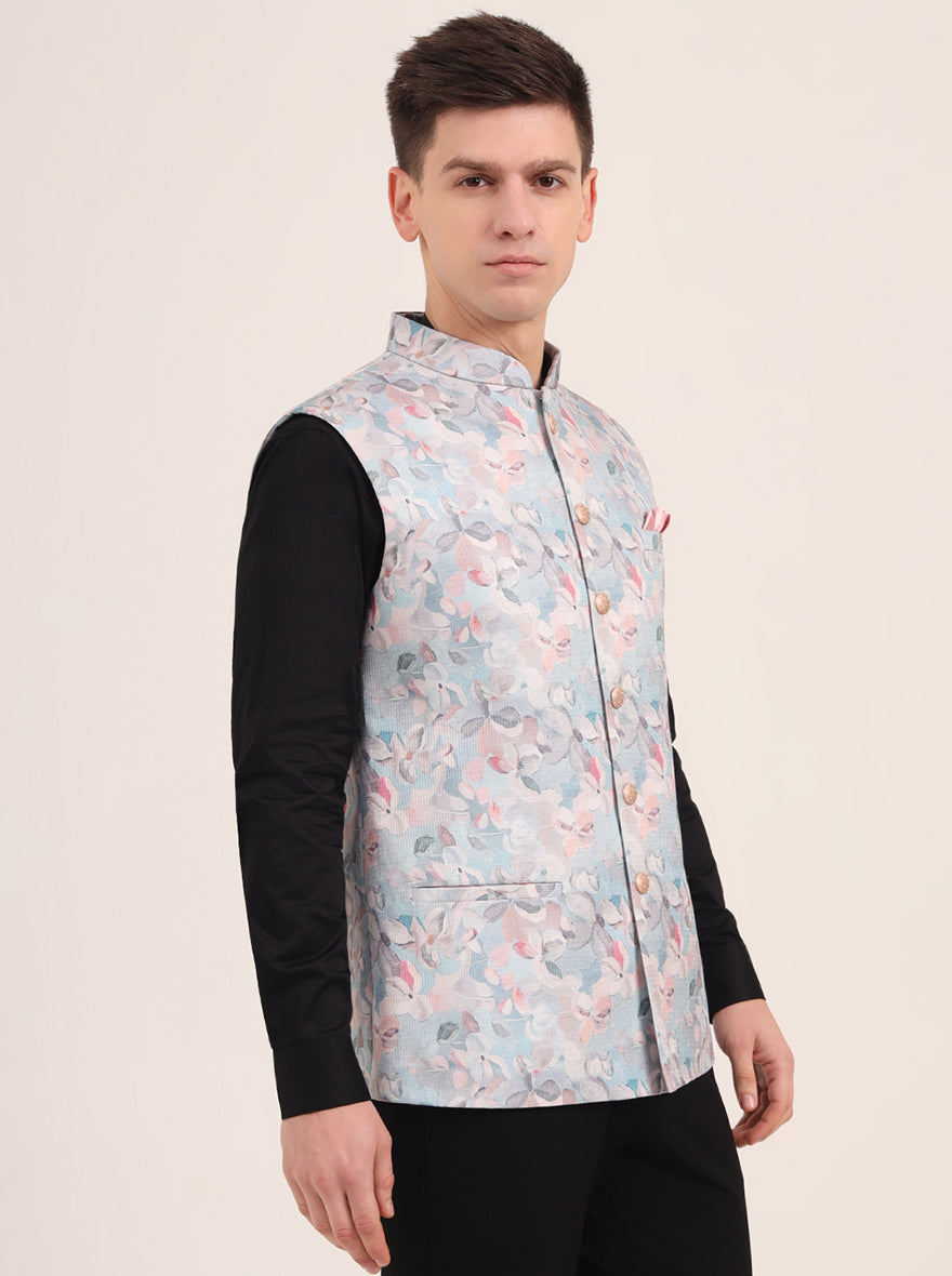 Sky Blue Printed Regular Fit Bandhgala Jacket | JB Studio