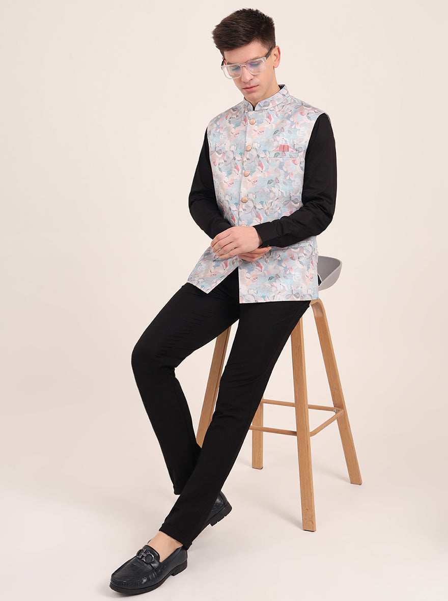 Sky Blue Printed Regular Fit Bandhgala Jacket | JB Studio