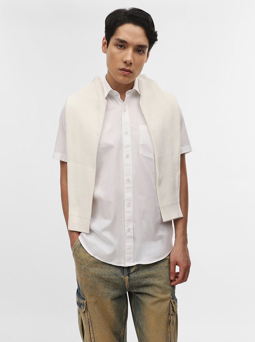 White Solid Tailored Fit Semi Casual Shirt | Greenfibre