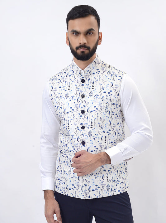 Light Blue Printed Regular Fit Bandhgala Jacket | Greenfibre