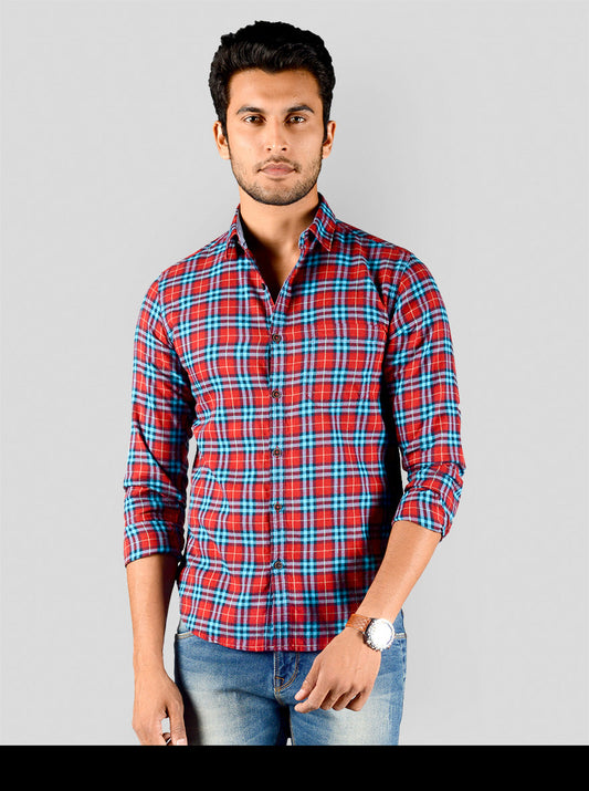 Chinese Red & Blue Checked Slim Fit Casual Shirt | Greenfibre
