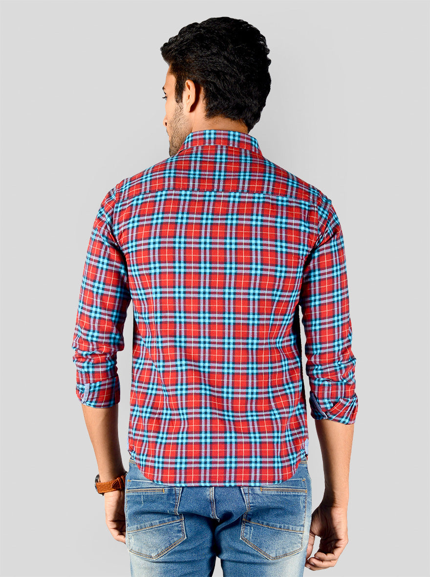 Chinese Red & Blue Checked Slim Fit Casual Shirt | Greenfibre