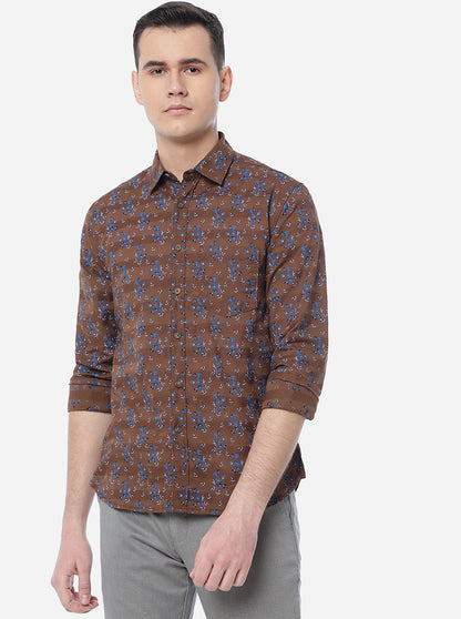 Coffee Brown Printed Slim Fit Semi Casual Shirt | Greenfibre