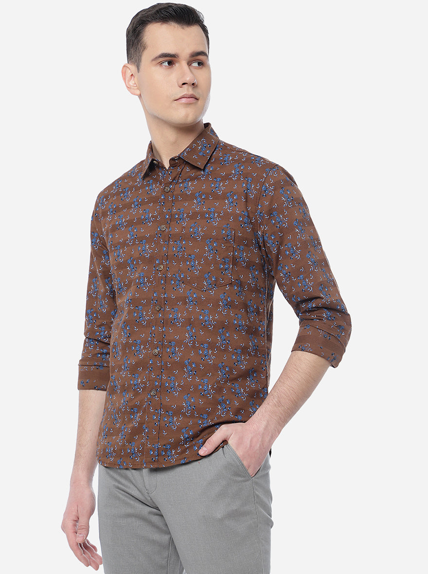 Coffee Brown Printed Slim Fit Semi Casual Shirt | Greenfibre