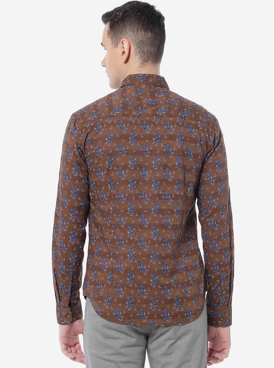 Coffee Brown Printed Slim Fit Semi Casual Shirt | Greenfibre