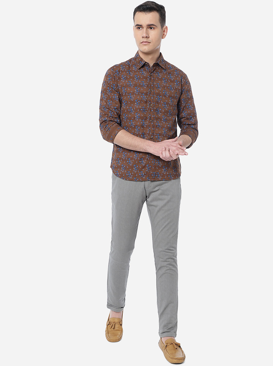 Coffee Brown Printed Slim Fit Semi Casual Shirt | Greenfibre