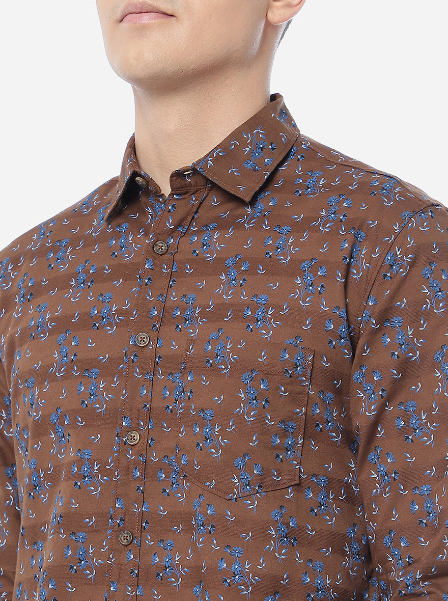 Coffee Brown Printed Slim Fit Semi Casual Shirt | Greenfibre