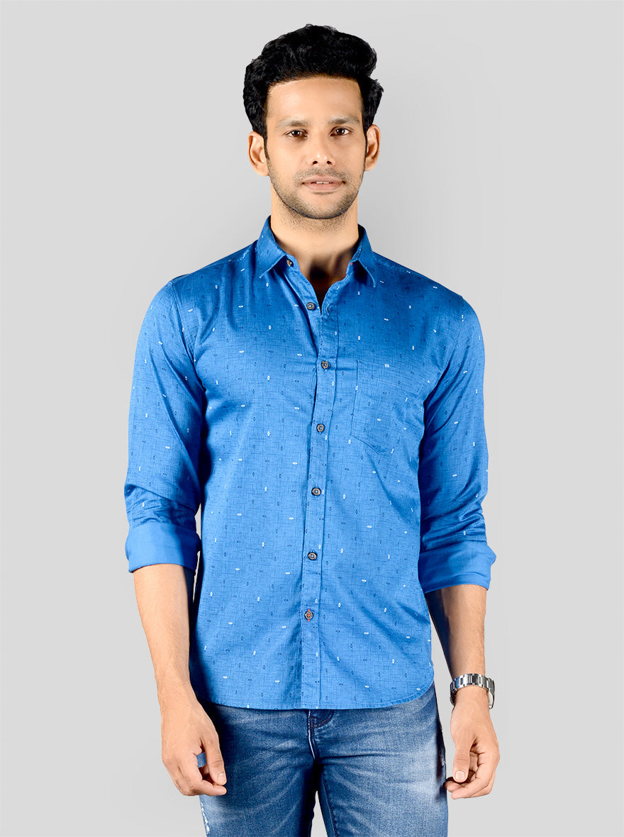 Cobalt Blue Printed Slim Fit Casual Shirt | Greenfibre