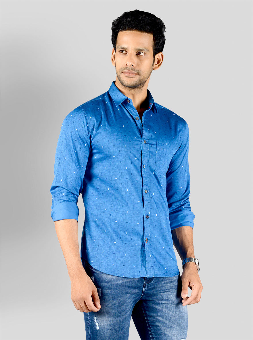 Cobalt Blue Printed Slim Fit Casual Shirt | Greenfibre