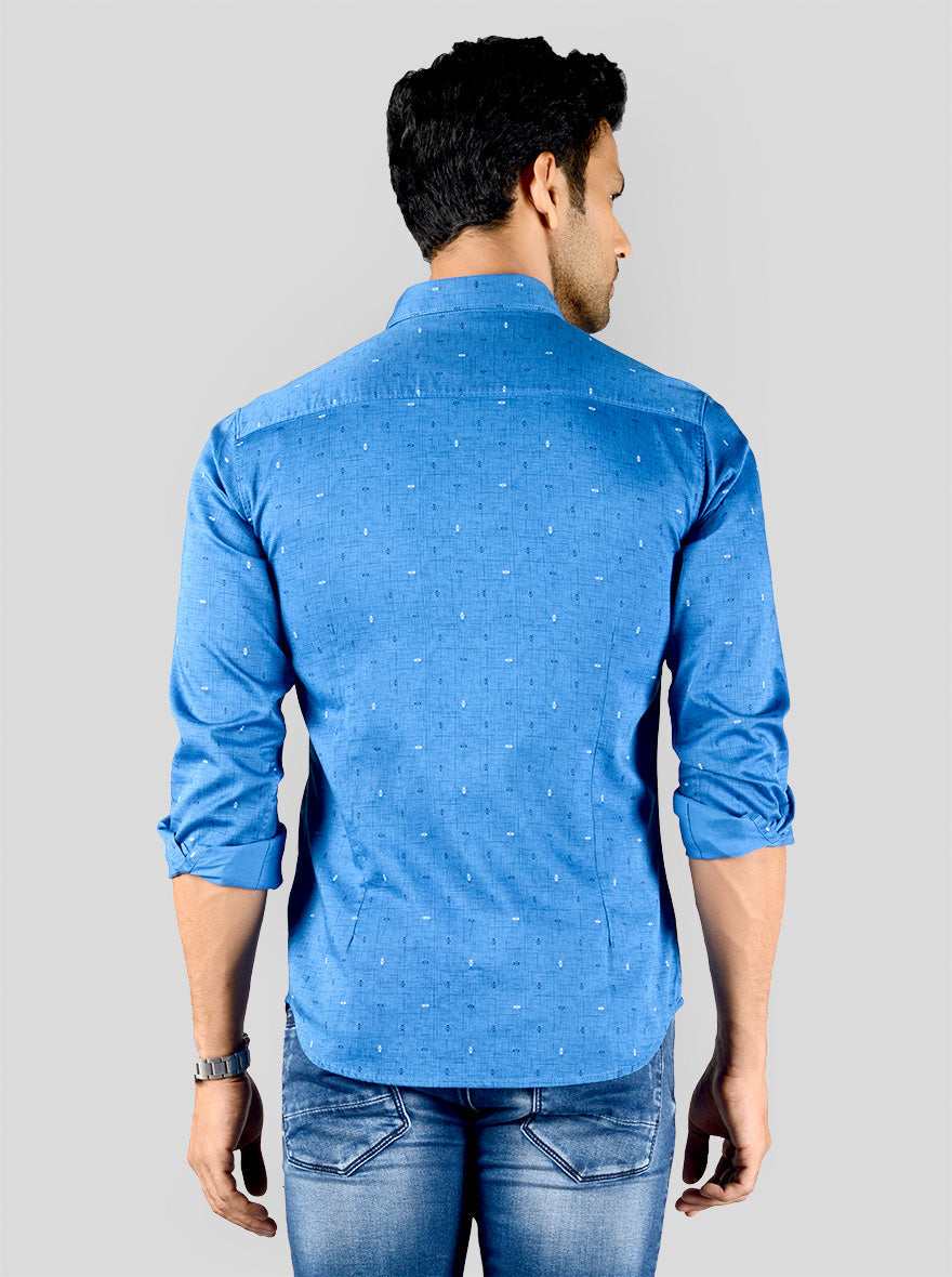 Cobalt Blue Printed Slim Fit Casual Shirt | Greenfibre