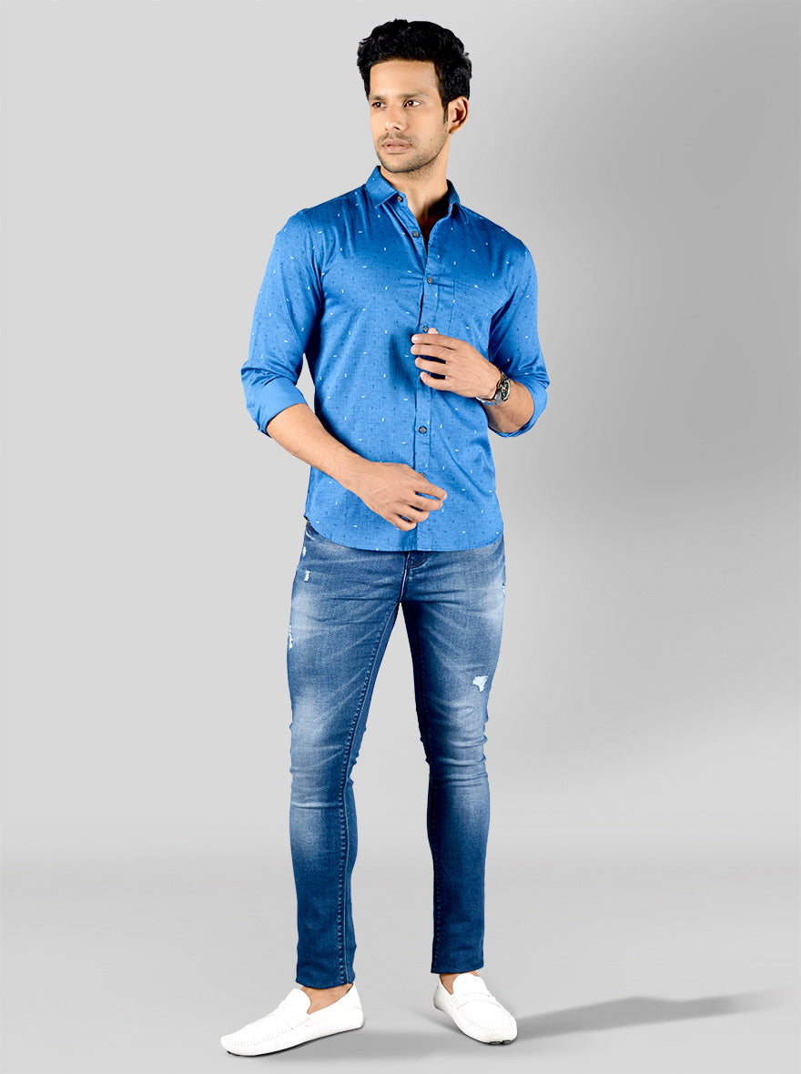 Cobalt Blue Printed Slim Fit Casual Shirt | Greenfibre