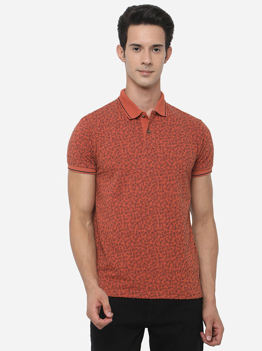 Brick Red Printed Slim Fit Polo T-Shirt | Greenfibre