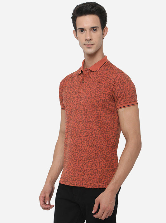 Brick Red Printed Slim Fit Polo T-Shirt | Greenfibre