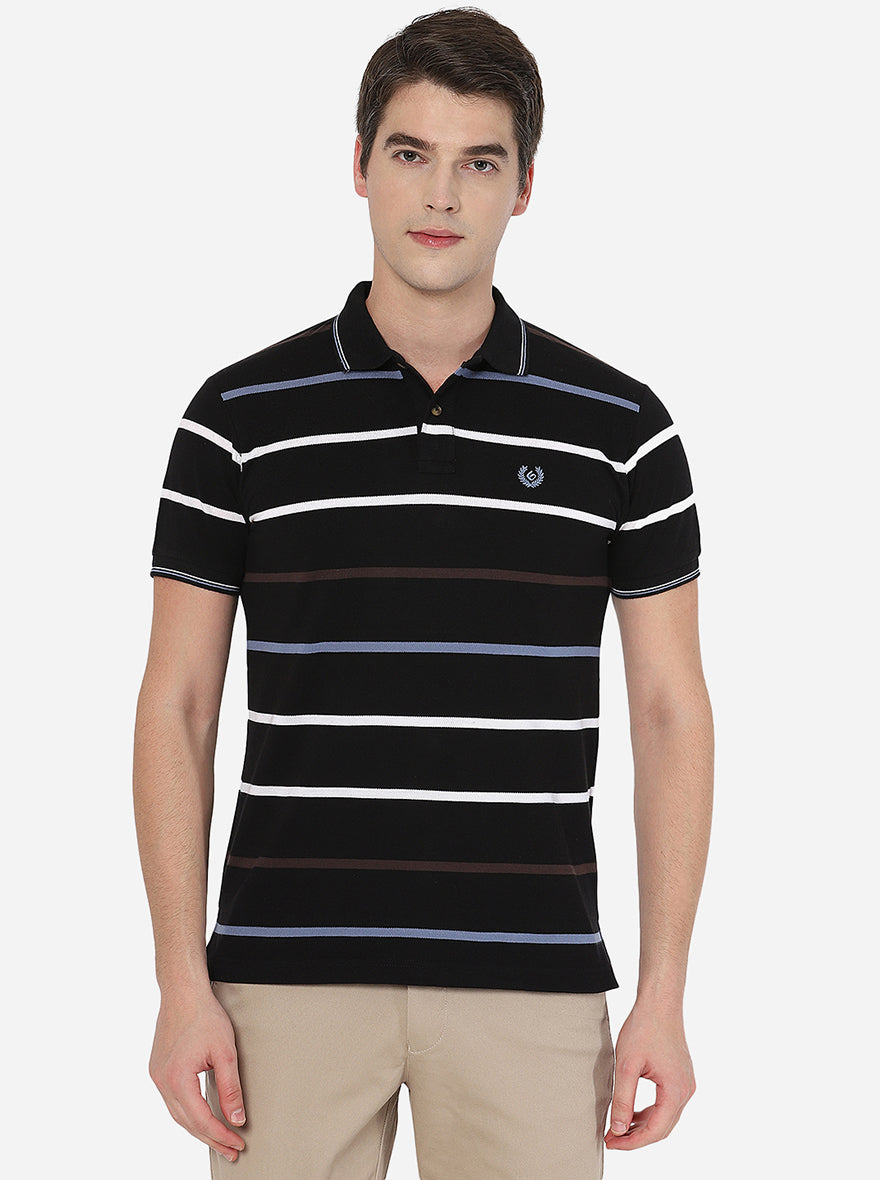 Black Striped Slim Fit Polo T-Shirt | Greenfibre