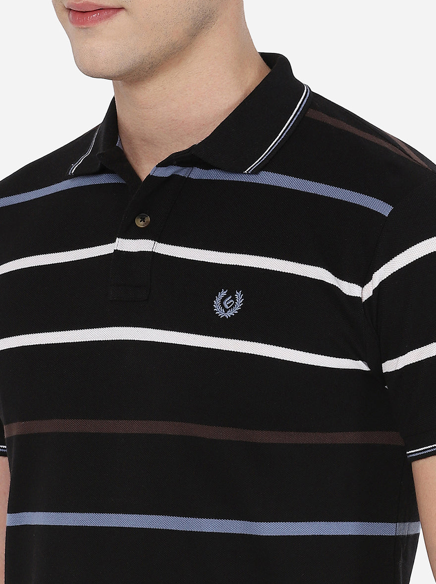 Black Striped Slim Fit Polo T-Shirt | Greenfibre