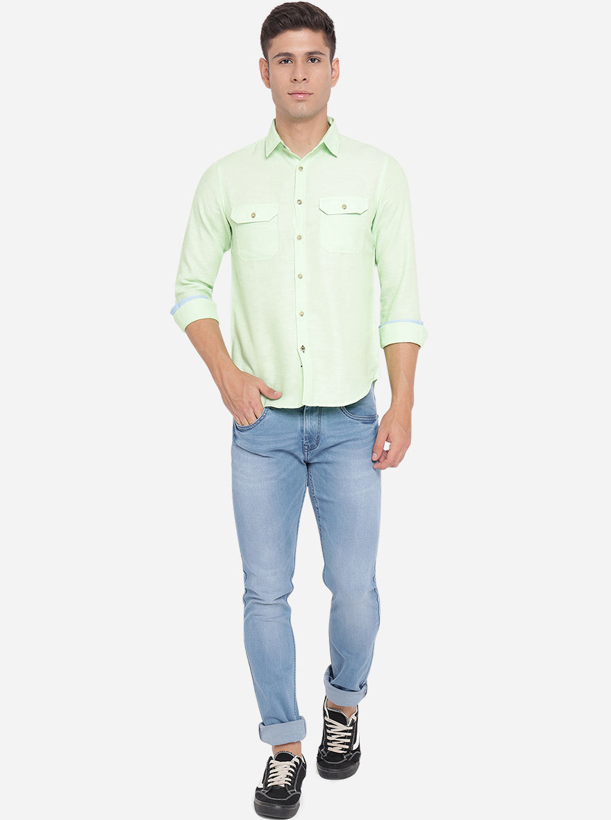 Paradise Green Solid Slim Fit Semi Casual Shirt | Greenfibre