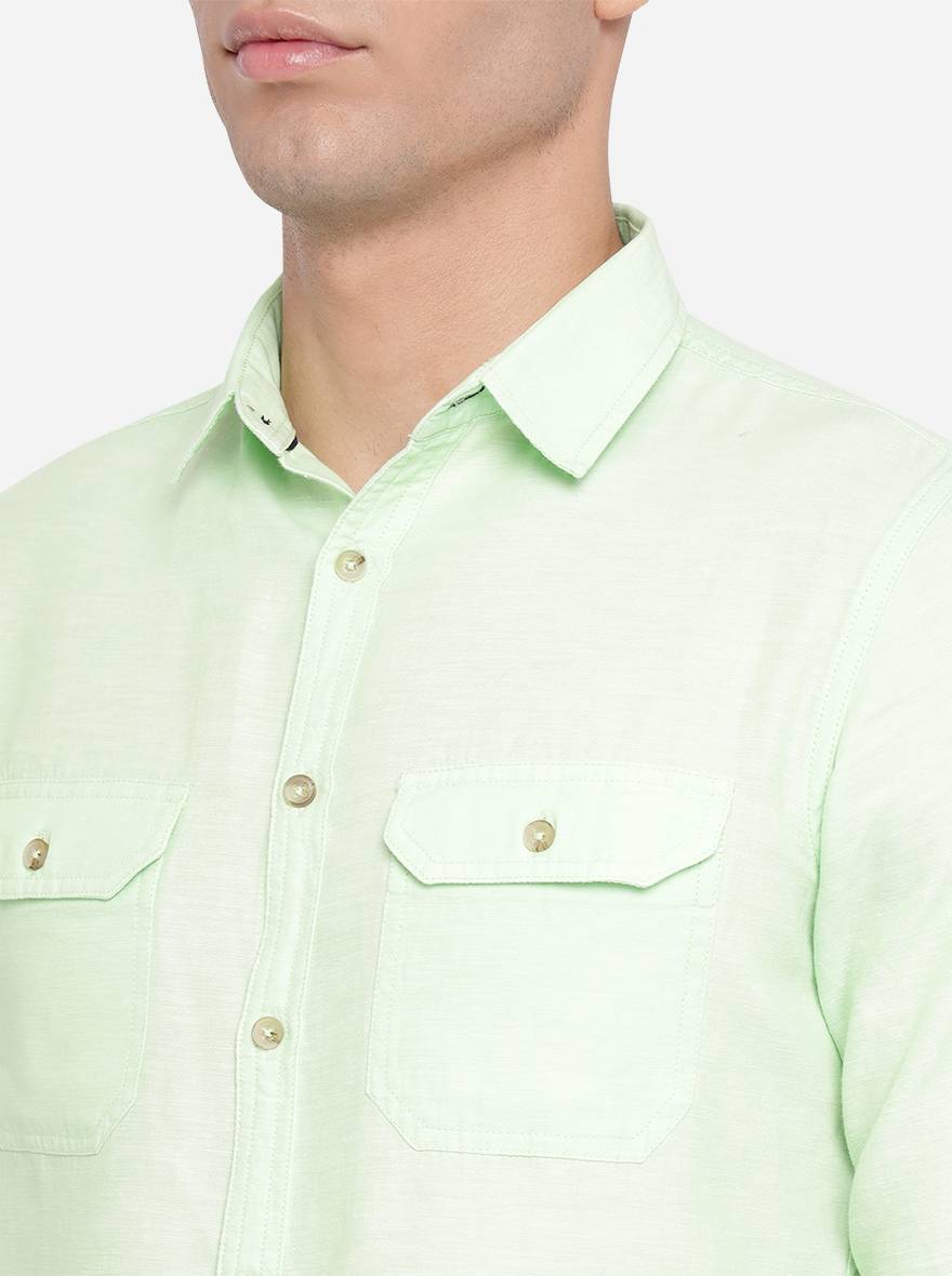 Paradise Green Solid Slim Fit Semi Casual Shirt | Greenfibre