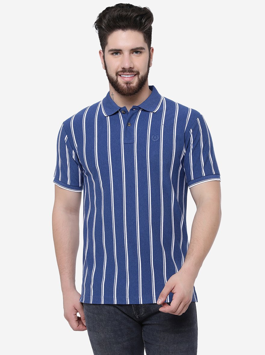 Azure Blue Striped Slim Fit Polo T-Shirt | Greenfibre