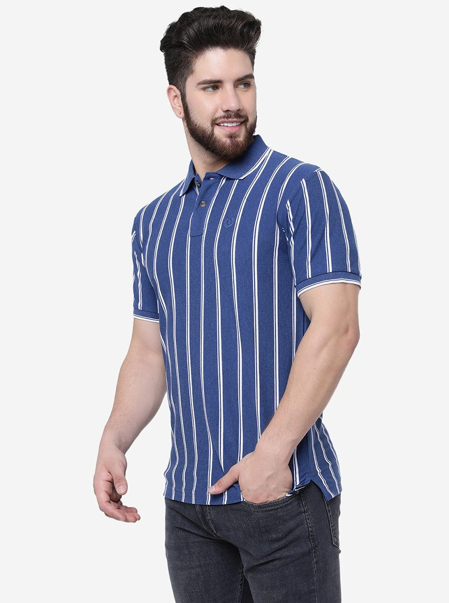 Azure Blue Striped Slim Fit Polo T-Shirt | Greenfibre