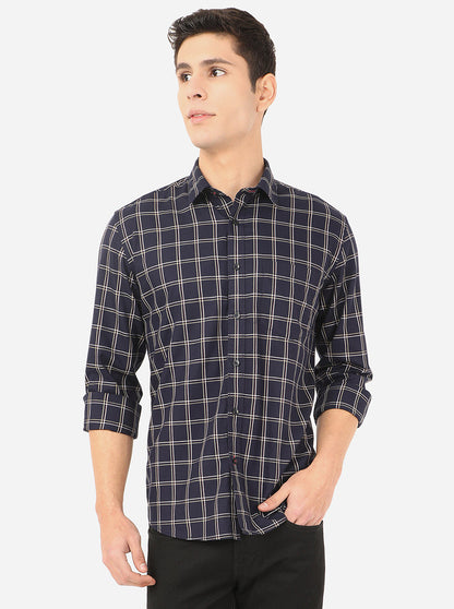 Navy Blue Checked Slim Fit Casual Shirt | Greenfibre