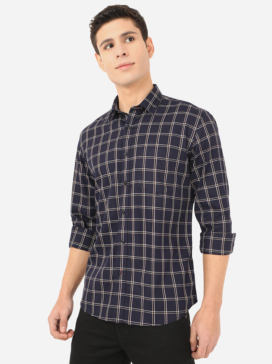 Navy Blue Checked Slim Fit Casual Shirt | Greenfibre