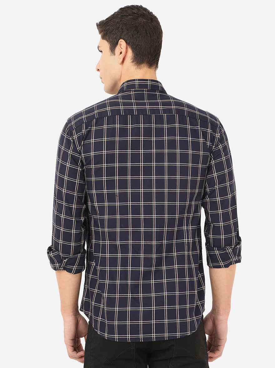 Navy Blue Checked Slim Fit Casual Shirt | Greenfibre